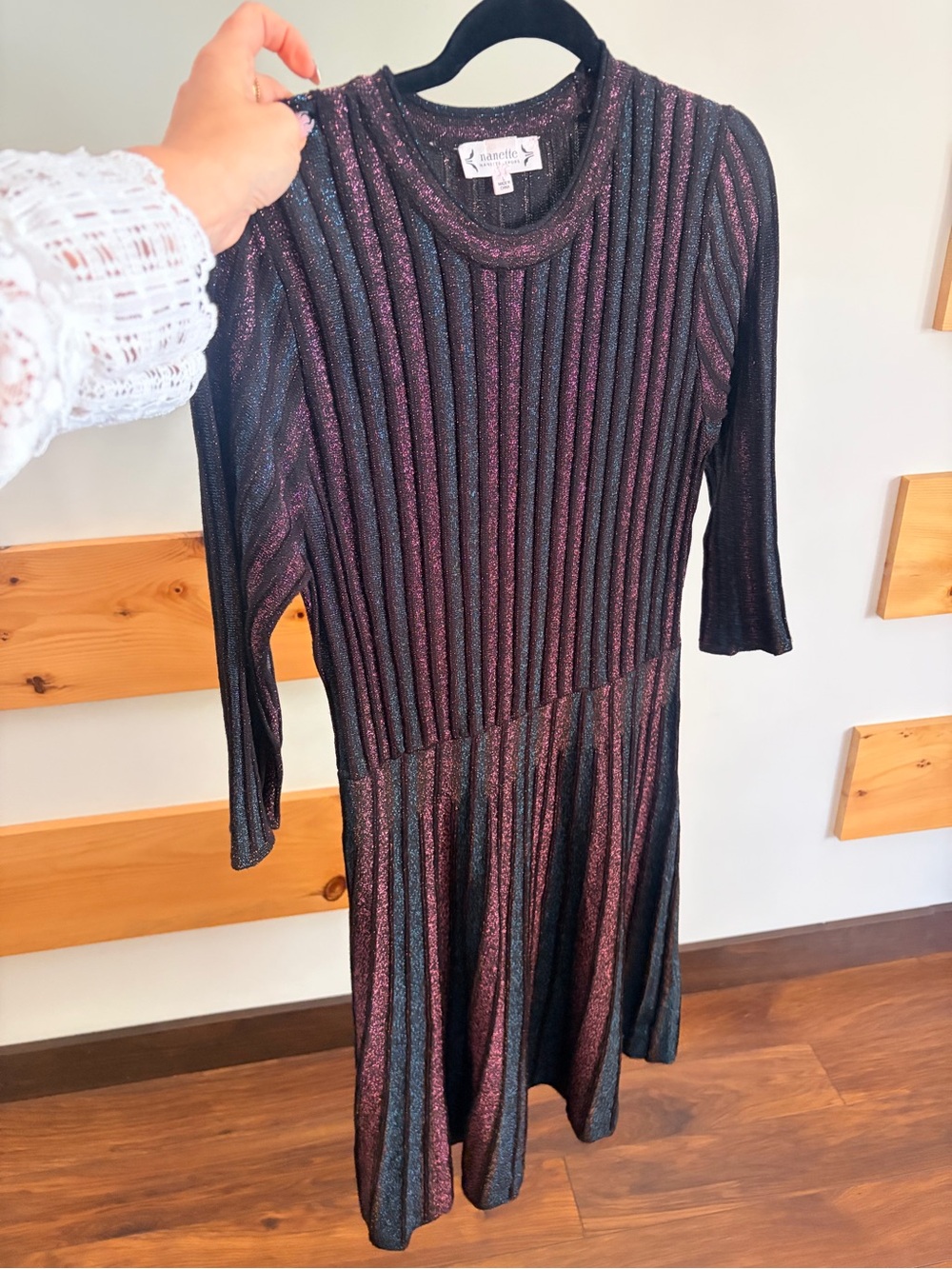 Nanette Lepore Black with Iridescent Pink & Blue Striped Long Sleeve Dress